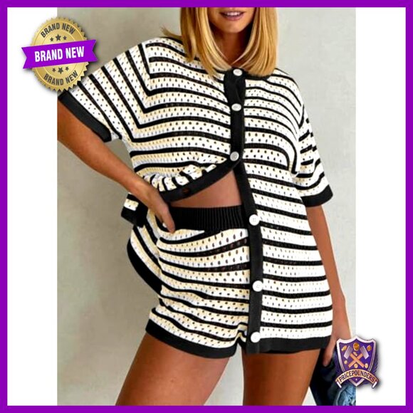 Crochet Knit Coverup Set Oversized Boho Beach Shorts Button Shirt - Picture 5 of 7